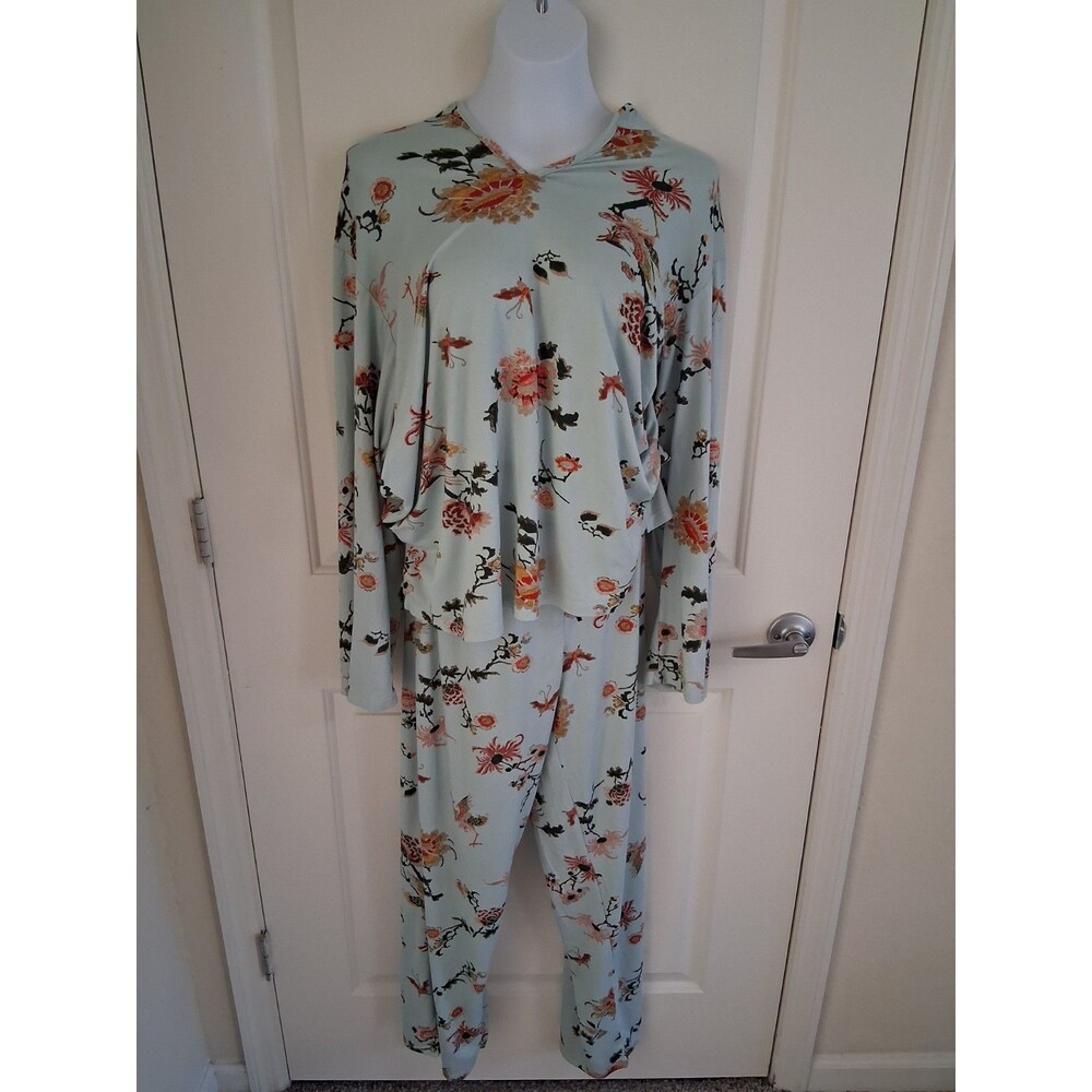 Natori Soft 2 Piece Pajamas Set Light Blue Floral Pants + Top Women’s XL